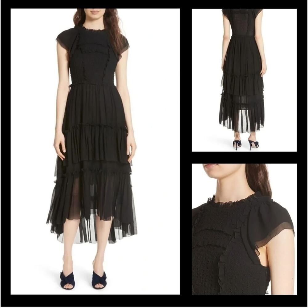 ULLA‎ JOHNSON LENORE SMOCKED SILK BLACK DRESS size 8